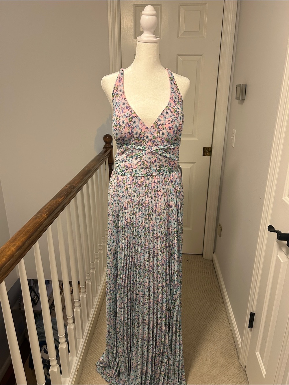 Laundry By Shelli Segal Pastel Pink and Blue Floral Pleated Maxi Dress